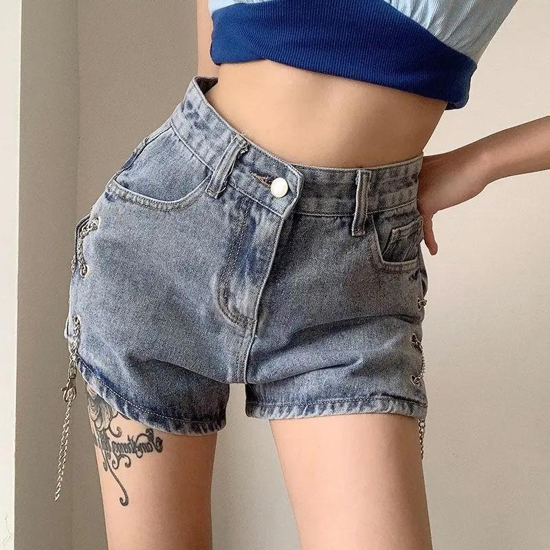Metal Chain Denim Shorts Women's Summer Side Split High Waist Sexy Legs Long Pants Casual Home Personality Shorts Golf Shorts