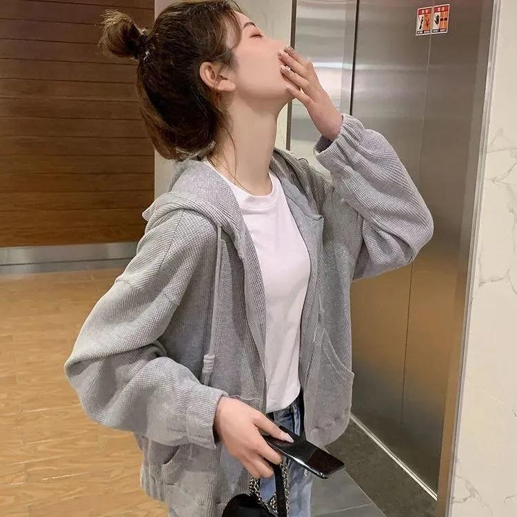 Waffle Hooded Jacket Women's Spring and Autumn All-match Casual Loose Short Top Solid Color Zipper Jacket