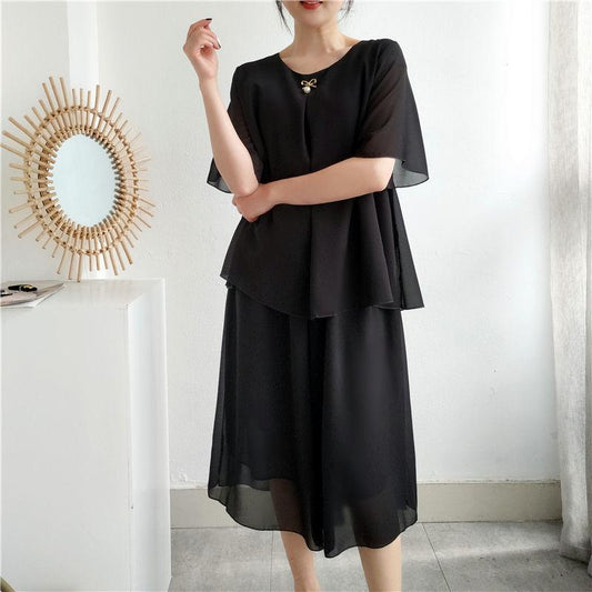WTEMPO 2pcs/set Women's Plus Size Chiffon Shirt Shorts 2 Piece Set Spring and Summer Short Sleeve Loose Casual Two-piece Set