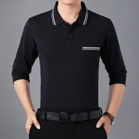 Spring and Autumn Middle-aged Aged Men's Printed Lapel Polo Shirt Loose T-Shirt Top Long Sleeve Shirt Bottoming Shirt