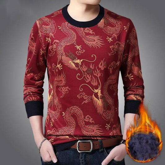 WTEMPO Thermal Pullover Cashmere Padded Shirt Dragon Print Shirt Winter Soft and Comfortable Pullover for Men