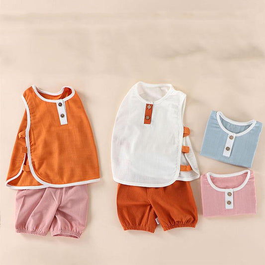 Children's Suit Summer Thin Boys and Girls Baby Breathable Stitching Button Sleeveless Shorts Two Piece Set Casual Wear