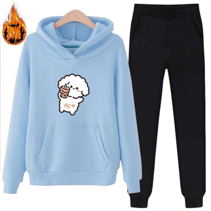 Printed Hoodie Sweater Women's Long Sleeve Fall/Winter Warm Pullover Pocket Plus Fleece Sweater Women's Two-piece Casual Warm Suit