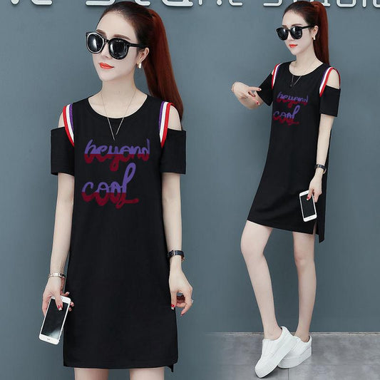Cotton Mid-length T-shirt Women's Round Neck Short-sleeved Dress Loose and Thin T-shirt Skirt Round Neck Strapless Mid-length T-shirt Skirt Women