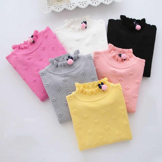 Girl Sweater Plus Velvet Thick Autumn and Winter Solid Color Set High Collar Long-sleeved Big Children's Knitting Shirt