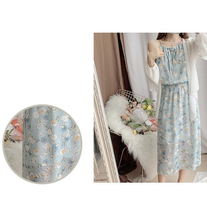Women Sweet Floral Skirt Sling Dress Chiffon Beach Vacation Sleeveless Elastic Waist Long Skirt