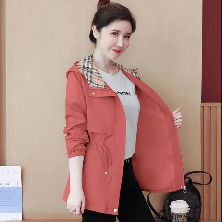 Windbreaker Women's Spring and Autumn Loose and Western Style Waist and Slim Mid-length Hooded Raincoat Jacket