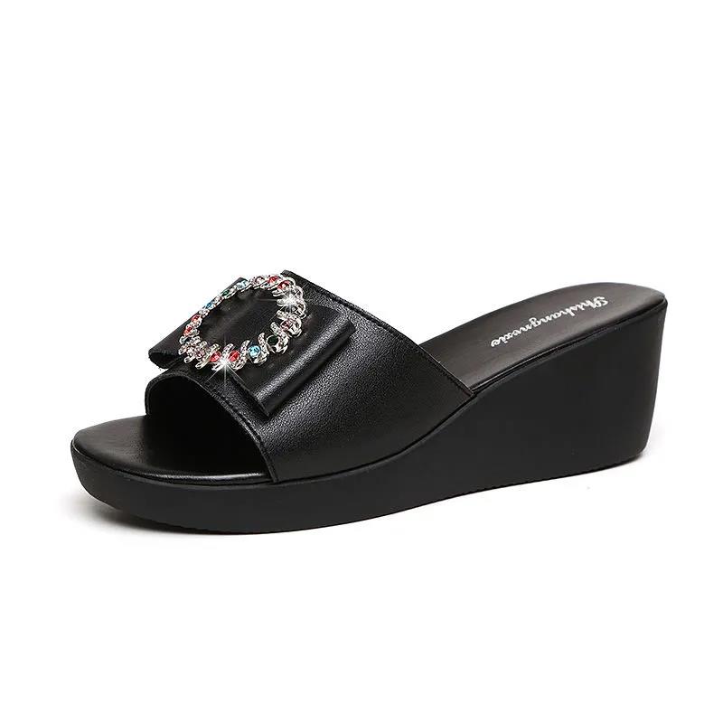 Wedge Heel Slippers Women's High-heeled Soft Leather Outer Wear Sponge Cake Bottom Non-slip Flat Sandals Fish Mouth High-heeled Sandals