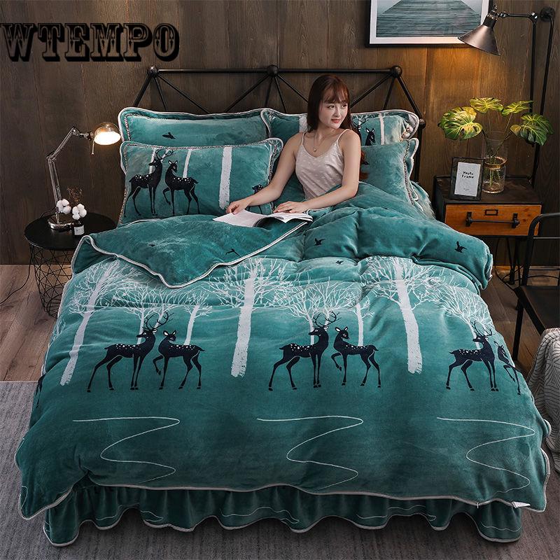4pcS Soft Floral Print Quilt Duvet Cover Bed Skirt Wedding Bedspread Full Twin Queen King Size Bed Sheet Mattress Cover Bedsheets
