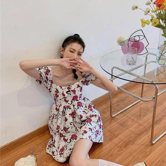 Women's Summer Skirt Square Neck Sweet Puff Sleeve Floral Dress