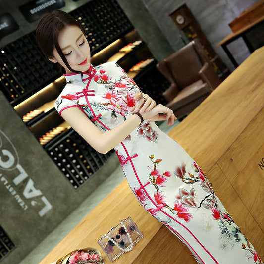 Chinese style large size slim split cheongsam woman summer long cheongsam skirt female dress