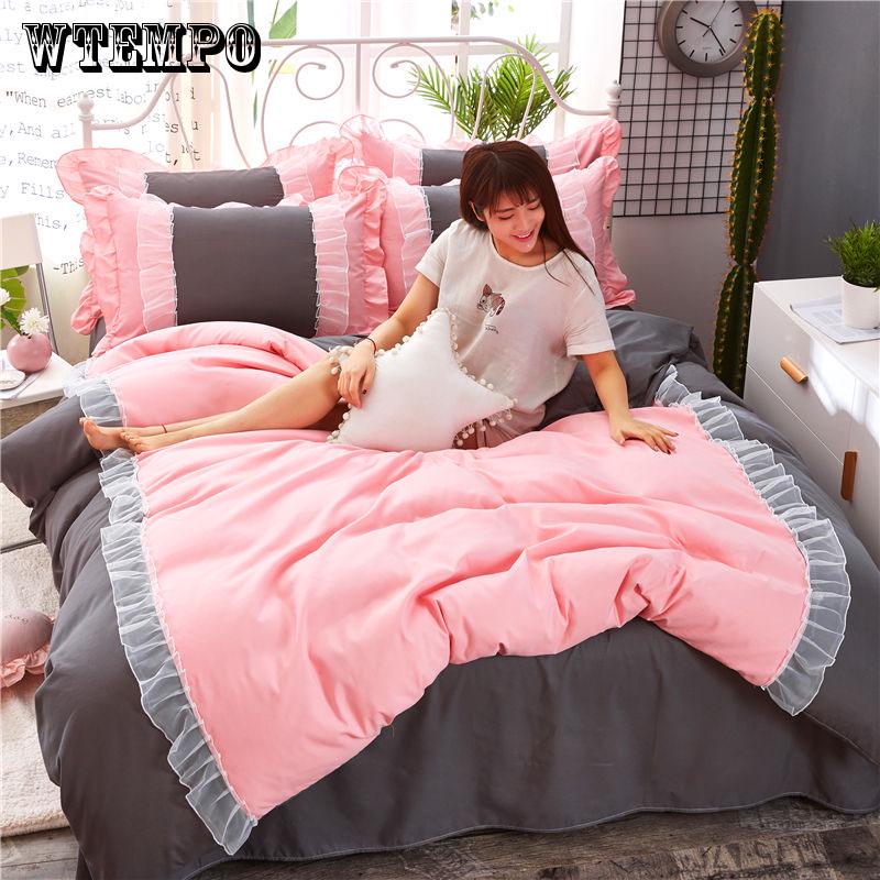 WTEMPO bedding set Princess Bedspread Bedding Sets Pink Bed Skirt Lace Edge Duvet Cover Bedclothes