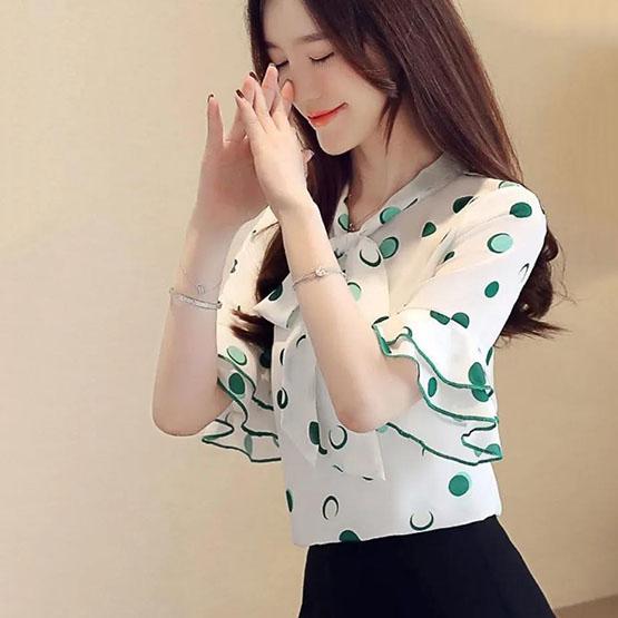S-4XL Women's Spring Summer Short Sleeve Blouses Large Size Loose V-Neck Solid Color Slim Dots Print Tops