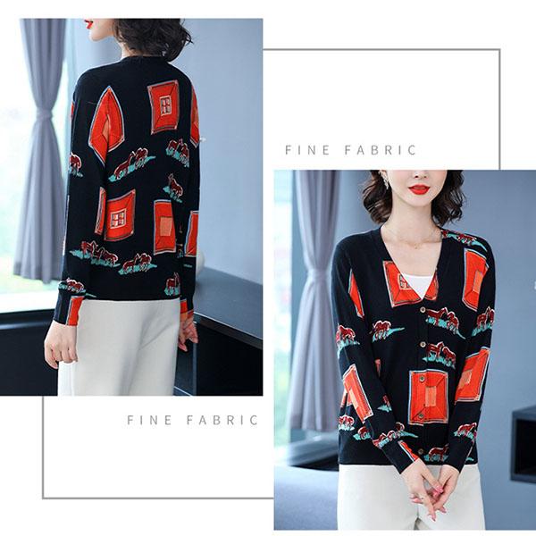 Autumn Winter Ladies Wool Cardigan Single-breasted 3D Printing Cardigan Coat