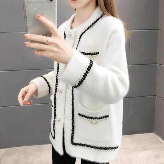Small Fragrant Style Mink Velvet Thick Short Coat Women Autumn and Winter Style Western Knitted Cardigan Woolen Coat