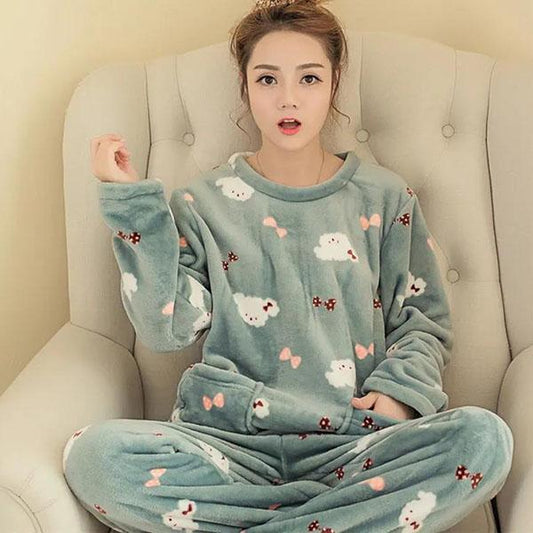 Flannel Pajamas Women Autumn and Winter Thick Sweet Cute Long-sleeved Coral Fleece Plus Size Home Service Suit