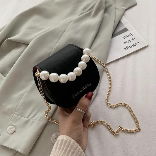 Women Mini Shoulder Messenger Bags Casual Female Crossbody Bags Portable PU Leather Big Pearl Metal Chain