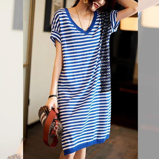 Large Size V-neck Loose Horizontal Striped Dress Female Lace Thin Loose Split T-shirt Dress A-line Skirt Mid-length Dress Casual Breathable