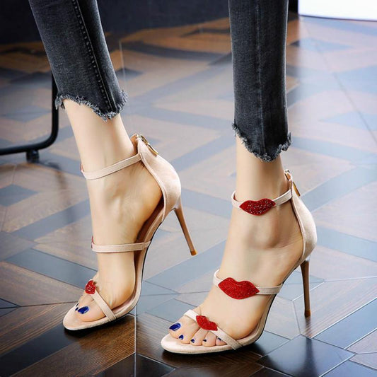 Fashion rhinestone women's shoes waterproof sandals sexy red lips high heels women's fine heels