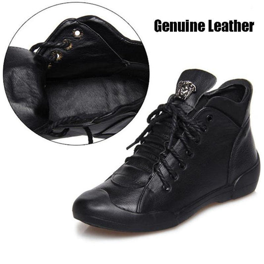 Women's Medieval Vintage Genuine Leather Boots Plus Velvet Flat Heel Boots Waterproof Slip on Shoes Ladies Winter Pointed Toe Ankle Boots