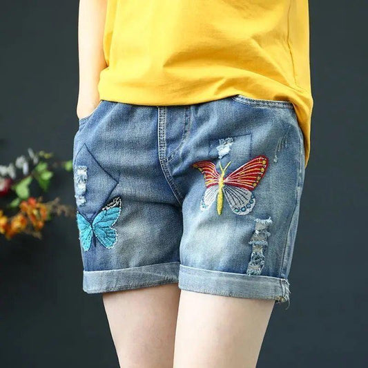 Summer High Waist Was Thin and Thin Casual Casual Hole Straight Denim Shorts Elastic Waist Embroidered Denim Shorts Women Loose Shorts