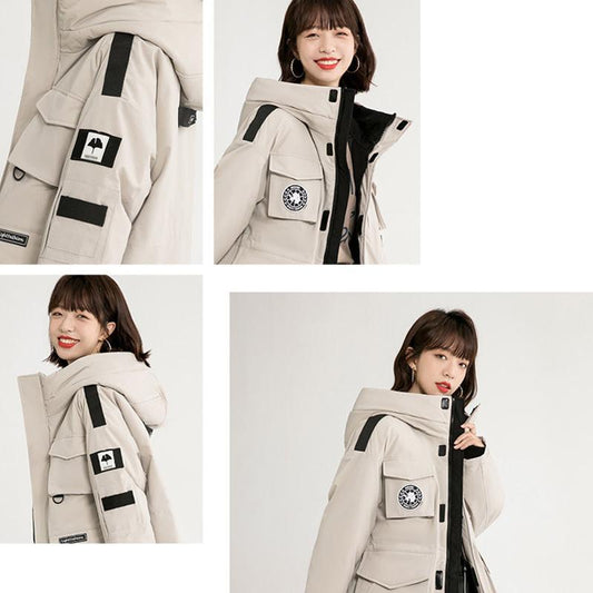 Down Jacket Women's Mid-length High-end Tooling Large Pockets Loose Thickened Coat Winter Warm Drop-shoulder Cotton Clothes Casual Outdoor Jacket