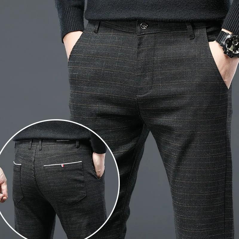 Men's Casual Cotton Linen Pants Business Plaid Trousers Straight Slim Long Pants Spring and Autumn Office Casual Pants