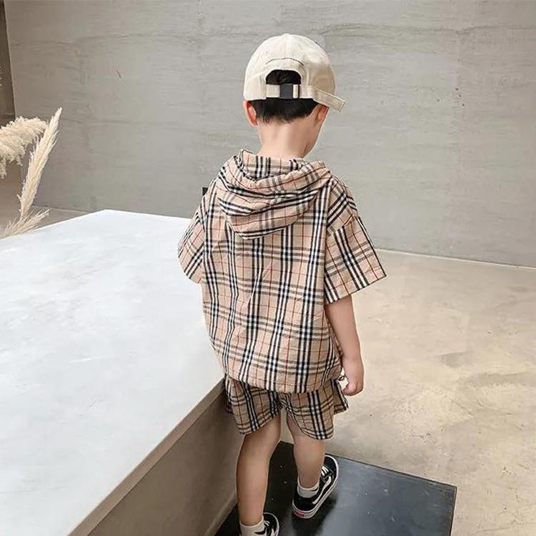Boy's Summer Suit Two-piece Suit for Children Korean Version of Children's Cotton Plaid Hooded Two-piece Suit