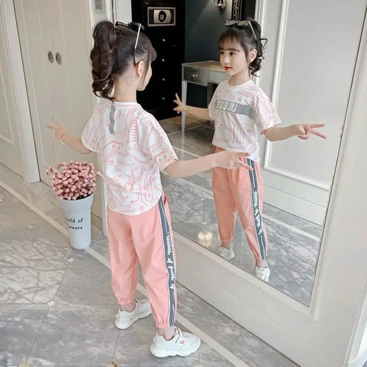 Girls Summer Casual Short-sleeved Suits Children's Sports Loose Sweatpants Sweat-absorbing Skin-friendly Soft Korean Children's Suits