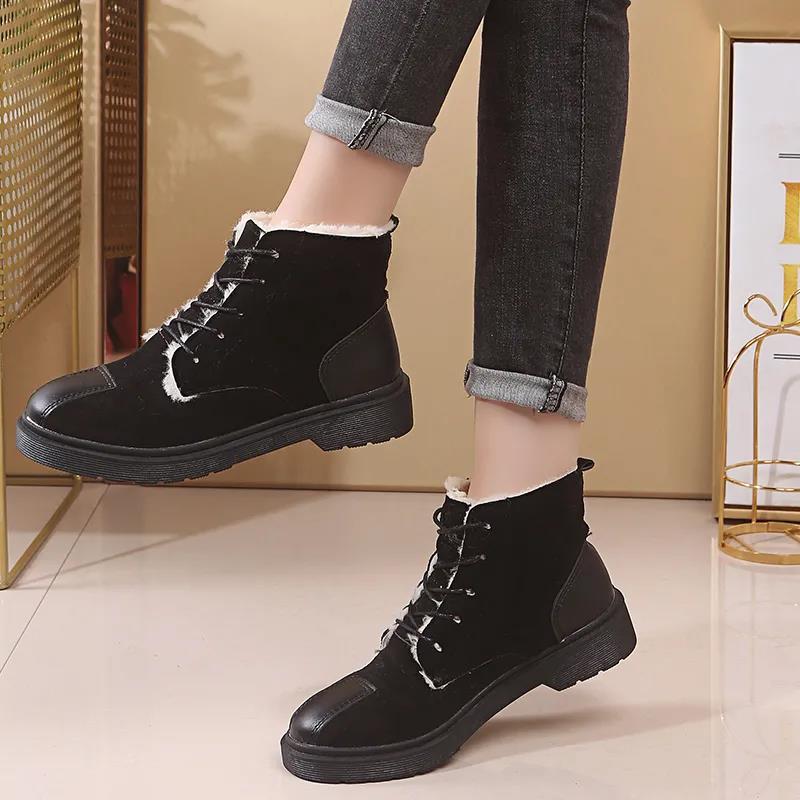 Winter Snow Boots Women's Cotton Shoes Flat-bottomed Plus Velvet Short Boots Non-slip Women's Boots Lace-up Cotton Boots