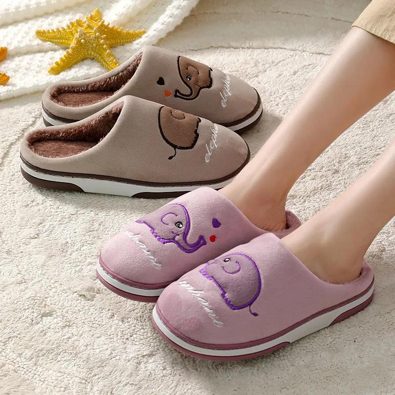 Women Winter Slippers Cute Elephant Embroidery Plus Size Cotton Shoes Men Home Indoor Casual Slippers Blue Pink Slippers Thick Fleece Warm Non Slip