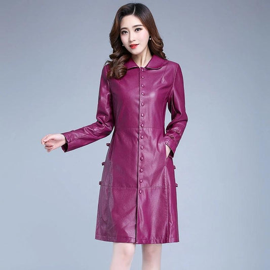 Women's Leather Jacket Mid-length Autumn and Winter Slim Waist Windproof Jackets Female PU Leather Korean Style Turndown Collar Windbreaker