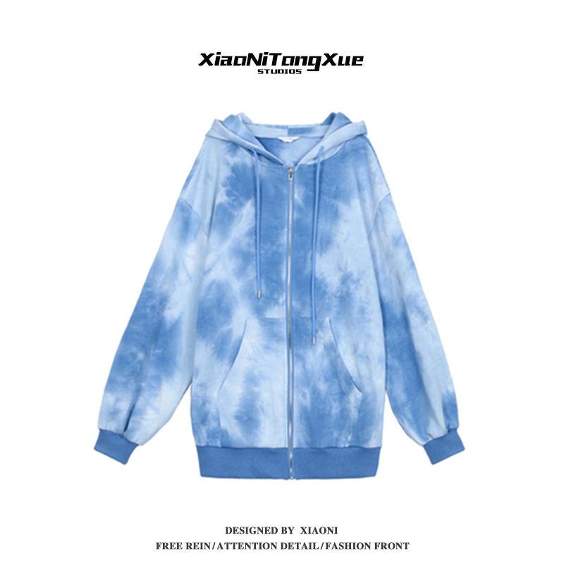 Women Tie-dye Printed Hoodies Sweatshirt Coat Zip Up Outerwears Hooded Jacket Pockets Plus Size Outwear Tops