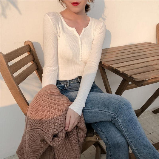 Black Sweater Bottoming Shirt Women Autumn and Winter V-neck Knitted Clavicle Top Long-sleeved Slim Slimming Top Sweater