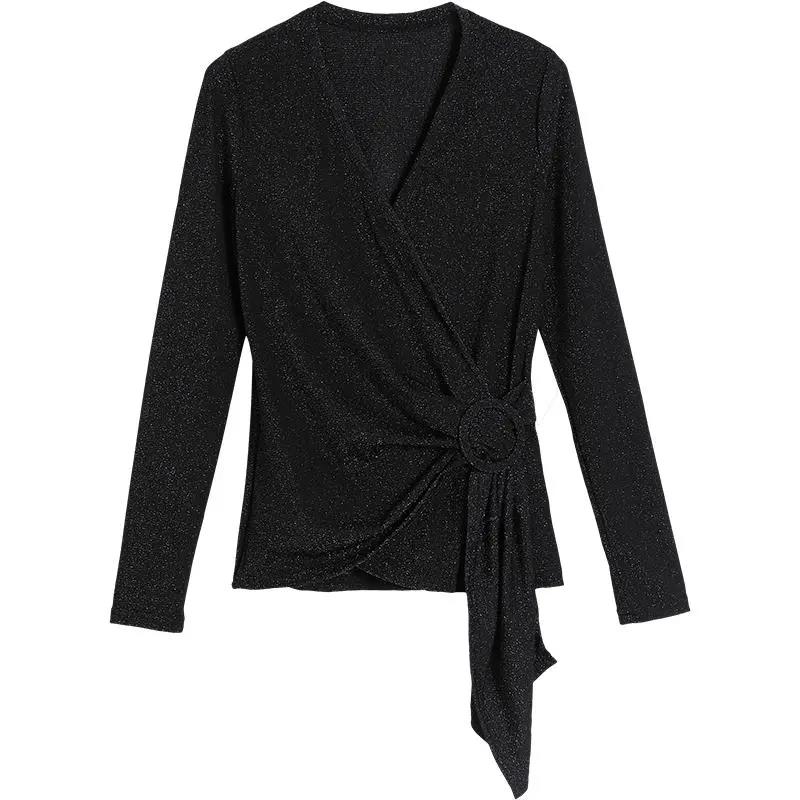 Summer Long Sleeve Women's Blouse Sexy Cross V-neck Thin Black Female Blouses Fall Casual Office Elegant Lady Top Pullover