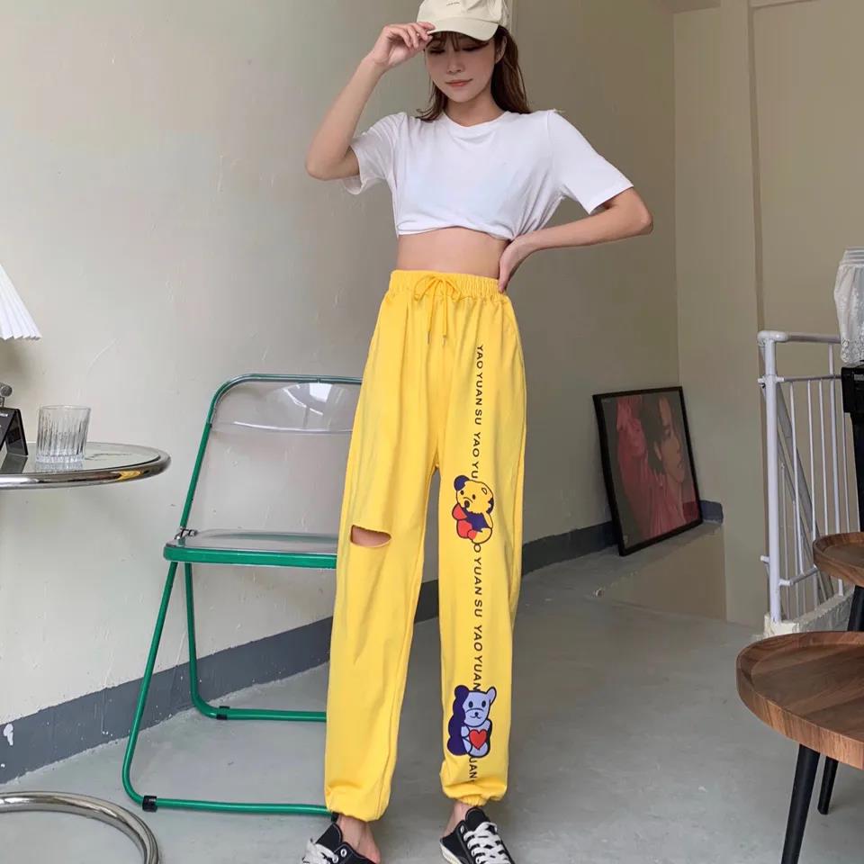 Girls Pants Summer High Waist Slimming Sports Running Students Beggars with Holes In Nine-point Guard Pants