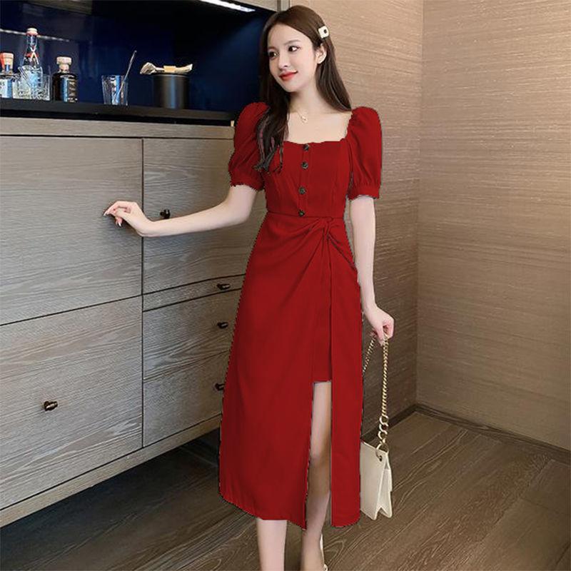High-end Fabric Puff-sleeved Slit Dress Square Collar Open Back, Long-sleeved Waist Slit Suit Skirt