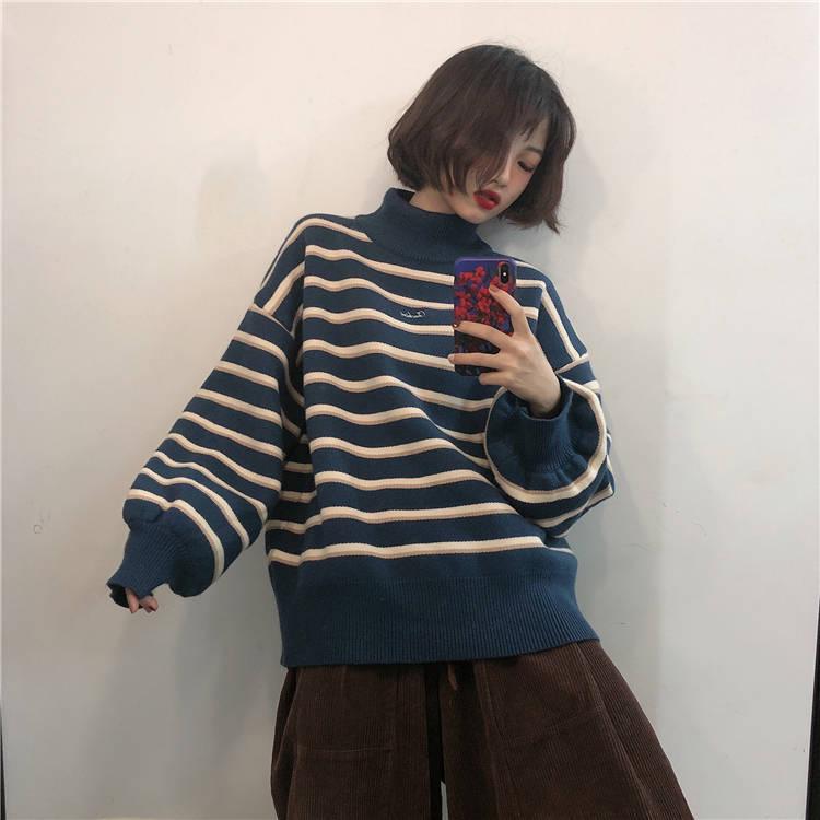 O-Neck Pullovers Women Chic Soft Sweaters Tops Sweet Student Loose Striped Knitted Pullover