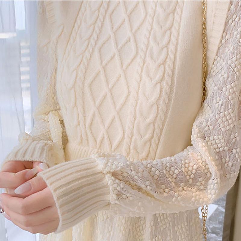 Spring and Autumn Lace Temperament Dress Stitching Solid Color Knitted Bottoming Sweater A-line Bottoming Skirt