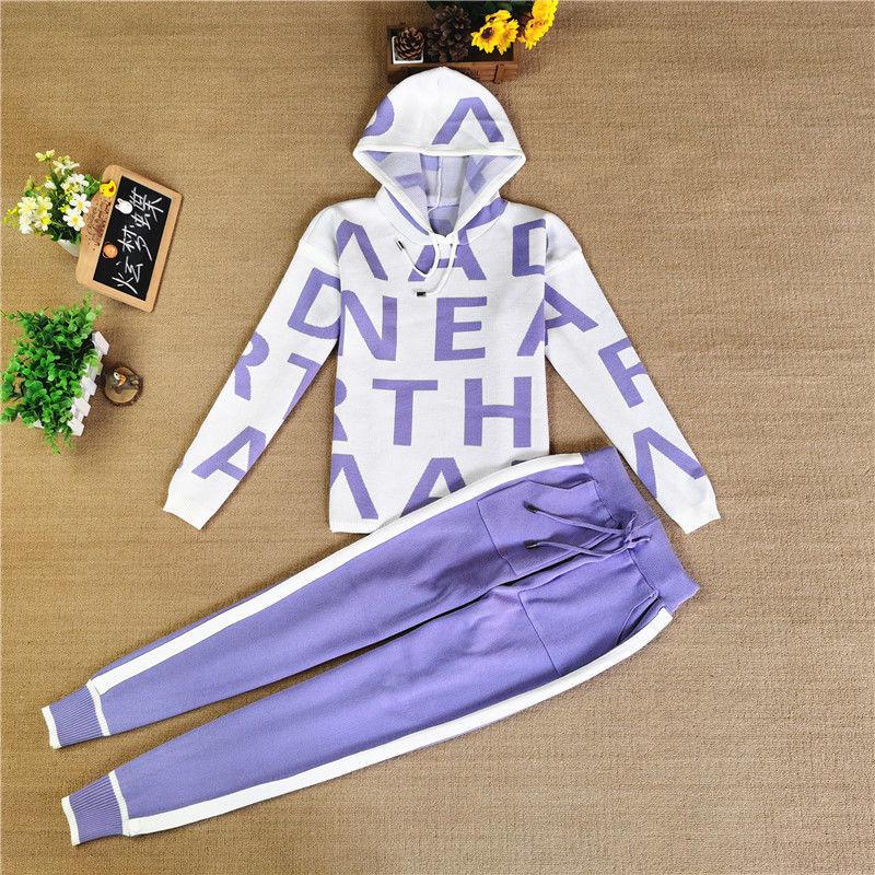 2pcs/set Women's Sports Set Letter Printing Hooded Knitted Sweater + Knitted Elastic Waist Harem Pants Sets Ladies Outfits Sweat Suit