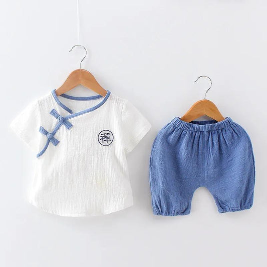 Children's Suit Summer Thin Boys Girls Loose T-shirt Shorts Two Piece Set Chinese Style Zen Pleated Button Ventilation