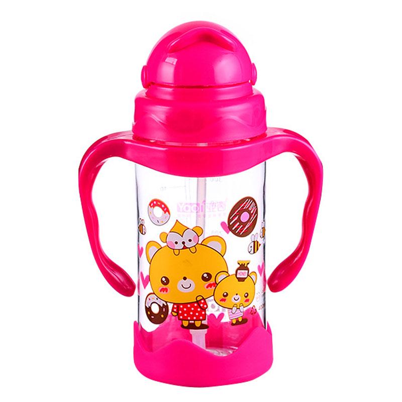 12oz Cute Baby Cup Kids Children Learn Feeding Drinking Water Straw Bott Handle Bottle