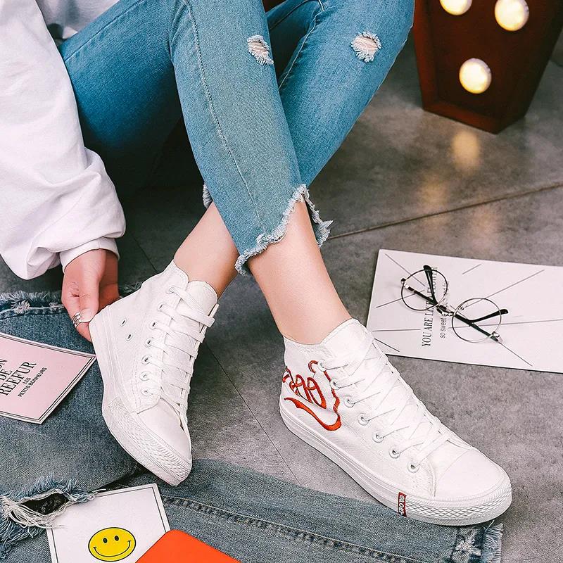 Student Women's Cloth Shoes Korean Canvas Shoes Embroidery Board High-top Shoes Women's Shoes White Shoes Women