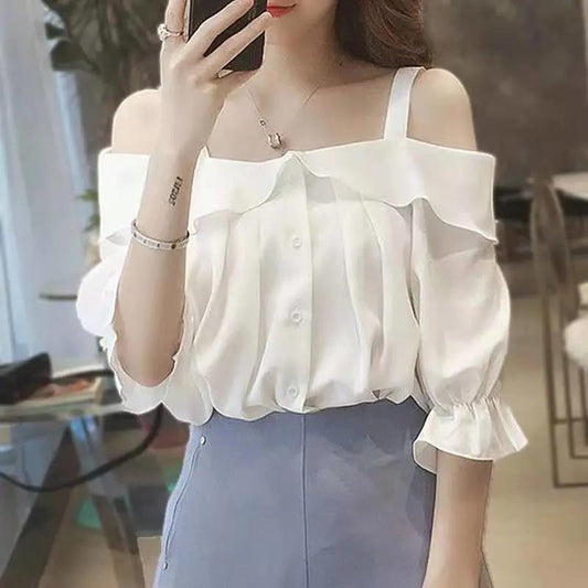 Sling One-shoulder Blouse Women's Ruffled Mid-sleeve Off-shoulder Shirt Chiffon Shirt Off-shoulder Sling Shirt Sweet and Cute