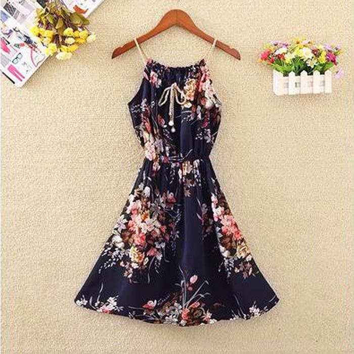 Pofulove Women Chiffon Floral Camisole Dress Elasticated Slim Bohemian A-line Beach Short Skirt