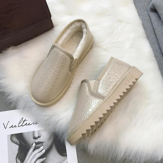 Snow Boots Women's Short Tube Leather To Keep Warm In Winter Plus Velvet All-match Flat-bottomed Waterproof Lazy Cotton Shoes Bread Shoes