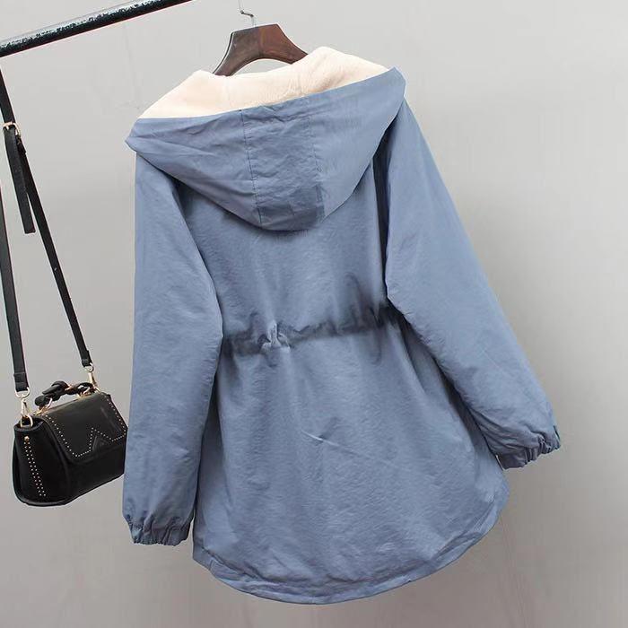Women's Plus Velvet Hooded Parka Jacket Short Autumn and Winter Thickened All-match Casual Loose Drawstring Windbreaker Jacket