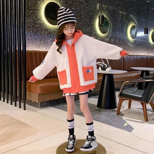 Girls' Warm and Windproof Autumn and Winter Jacket Quilted Padded Lamb Wool Sweater