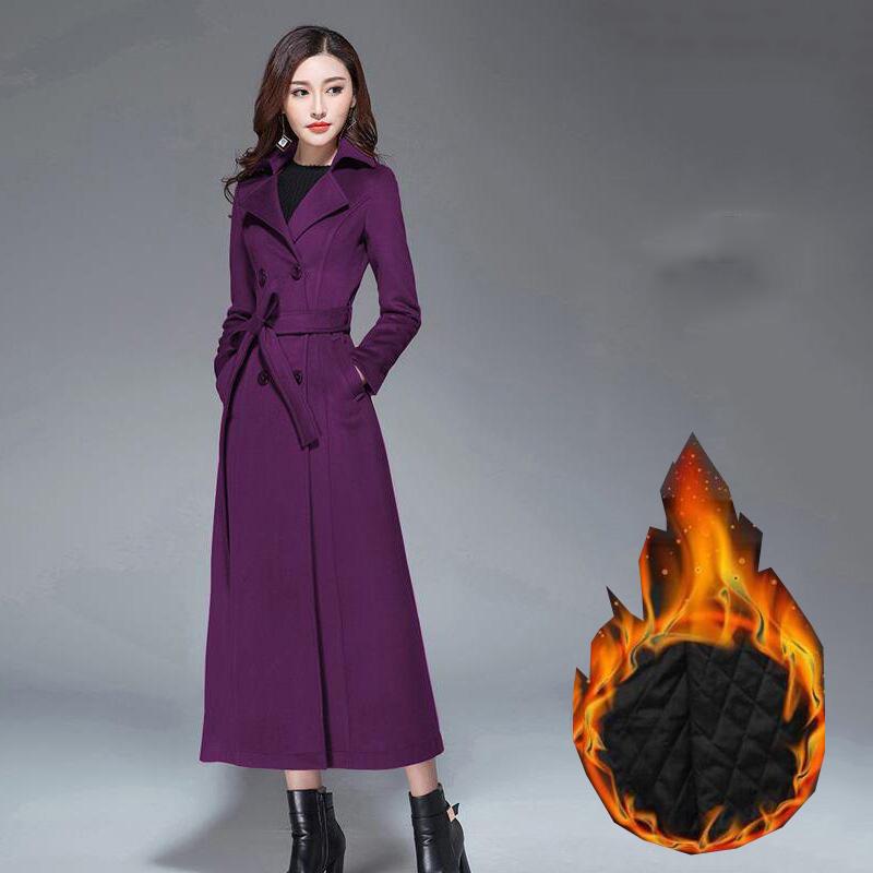 Cotton Thickened Over-the-knee Coat Women's Super Long Waist Autumn and Winter Solid Color Woolen Coat Slim Fit Thick Woolen
