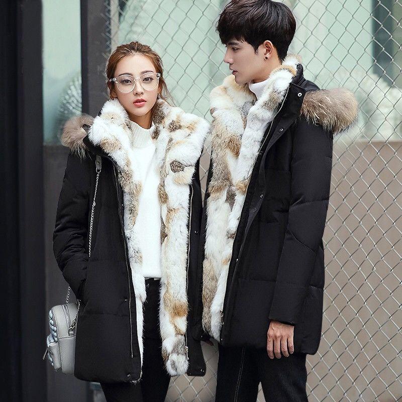Fashion Big Fur Collar Couple Wear Down Jacket Mid-length Plus Velvet Thickening Slim Plus Size Winter Jacket